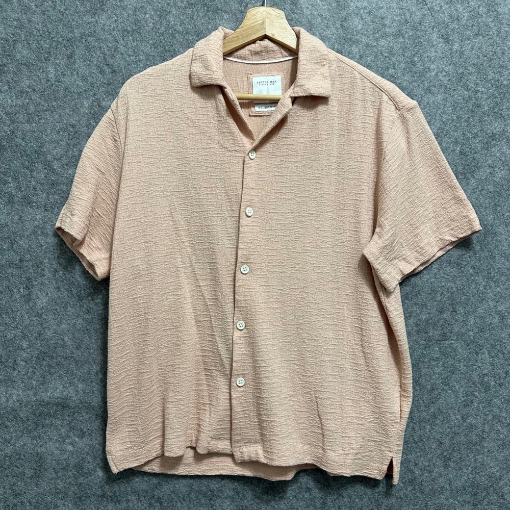 Cactus Man Button Up Shirt Mens Medium Pink Relaxed Fit‎ Short Sleeve Seersucker